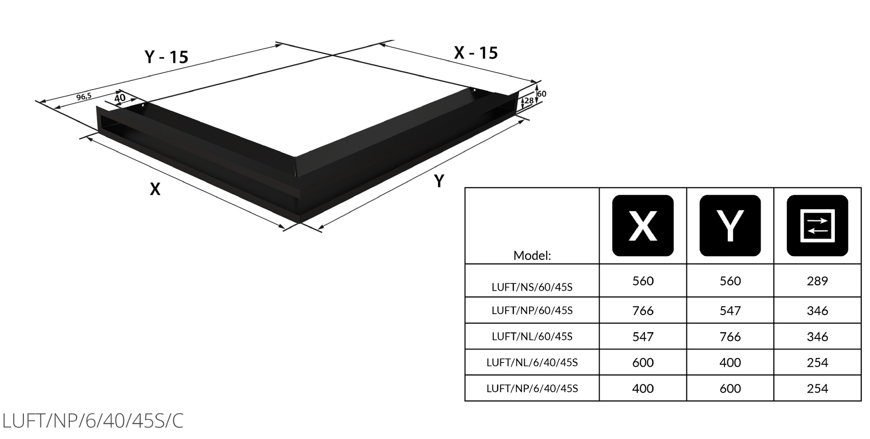 KRATKI krbová mřížka LUFT rohová levá 600X400X90 černá