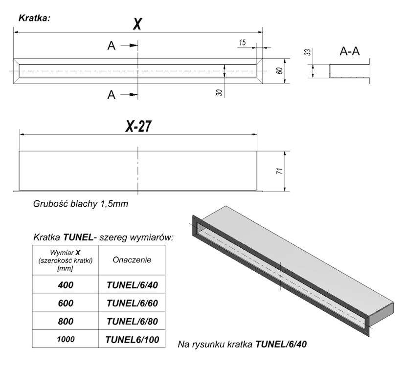 KRATKI krbová mřížka TUNEL 6x100 cm grafit