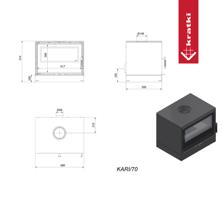 KRATKI KARI 70 Ø 150 8 kW Ocelová kamna černá Thermotec