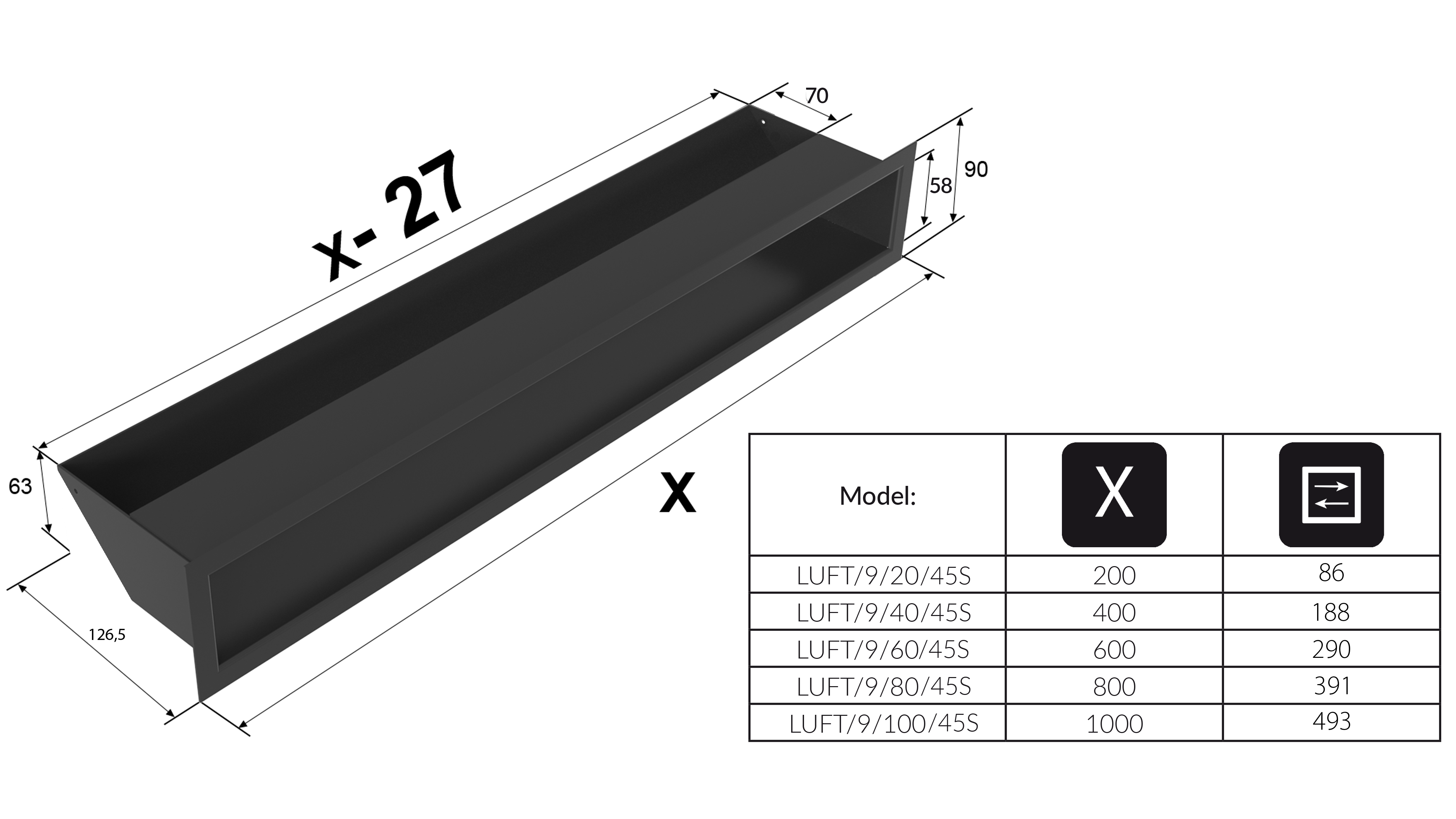 KRATKI mřížka LUFT 45S 9X60 cm grafit