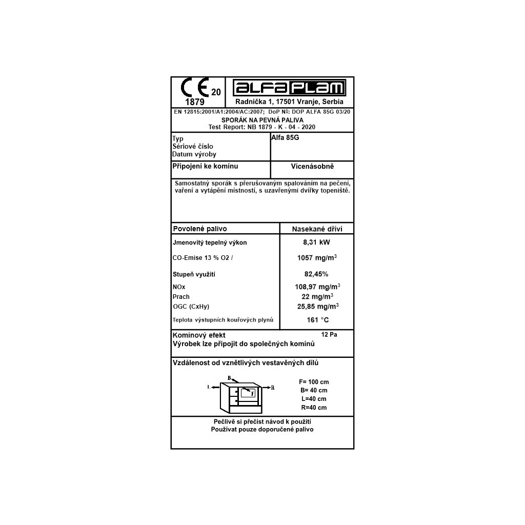 ALFA PLAM, sporák ALFA 85G ECO, 8,31 kW, pravý, bílý