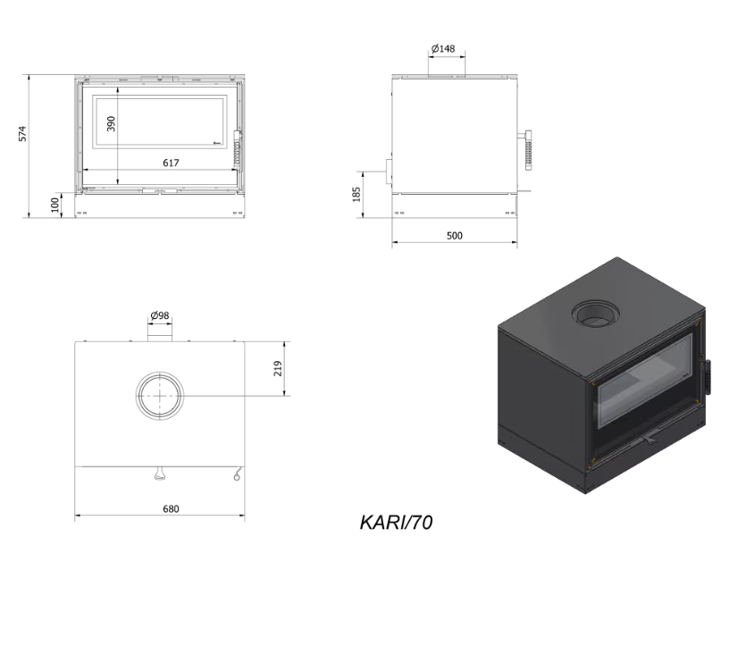 KRATKI KARI 70 Ø 150 8 kW Ocelová kamna 