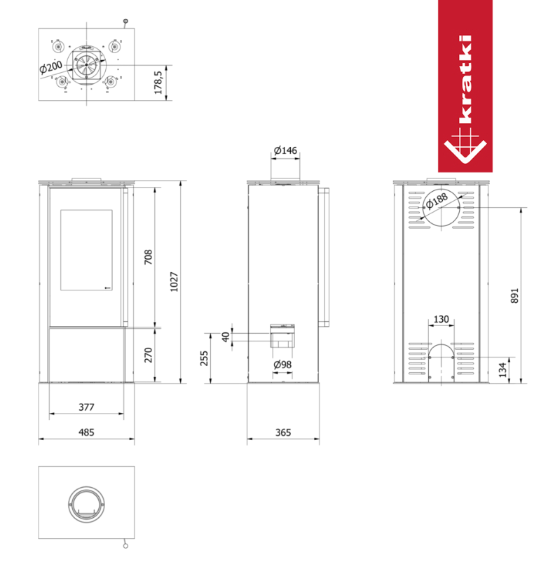 KRATKI HATI Ø 150 5,5 kW Ocelová kamna černá Thermotec