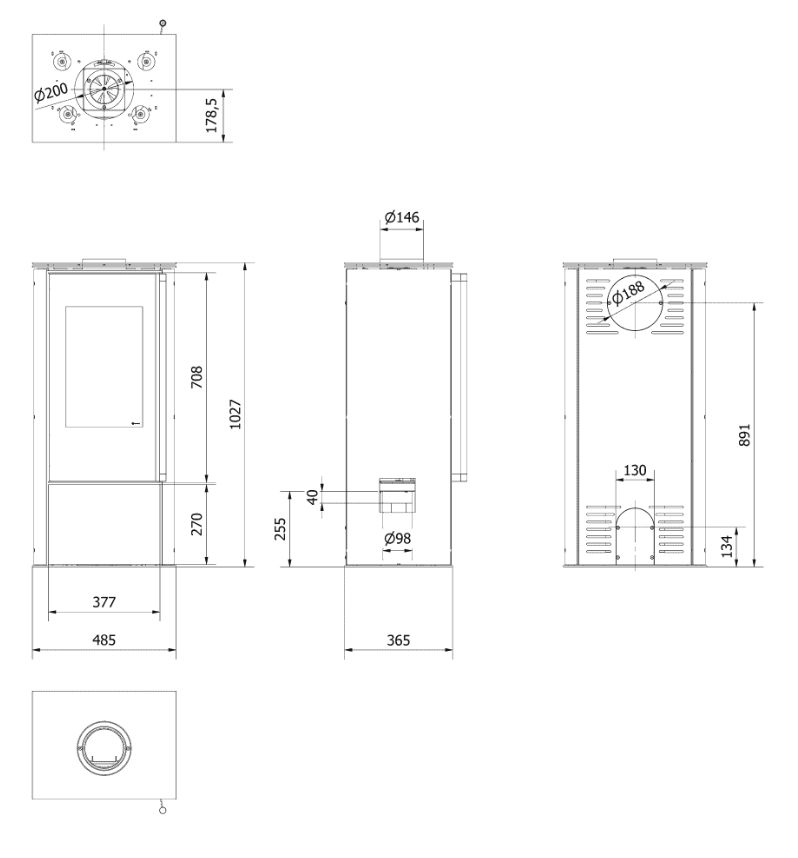 KRATKI HATI Ø 150 5,5 kW Ocelová kamna